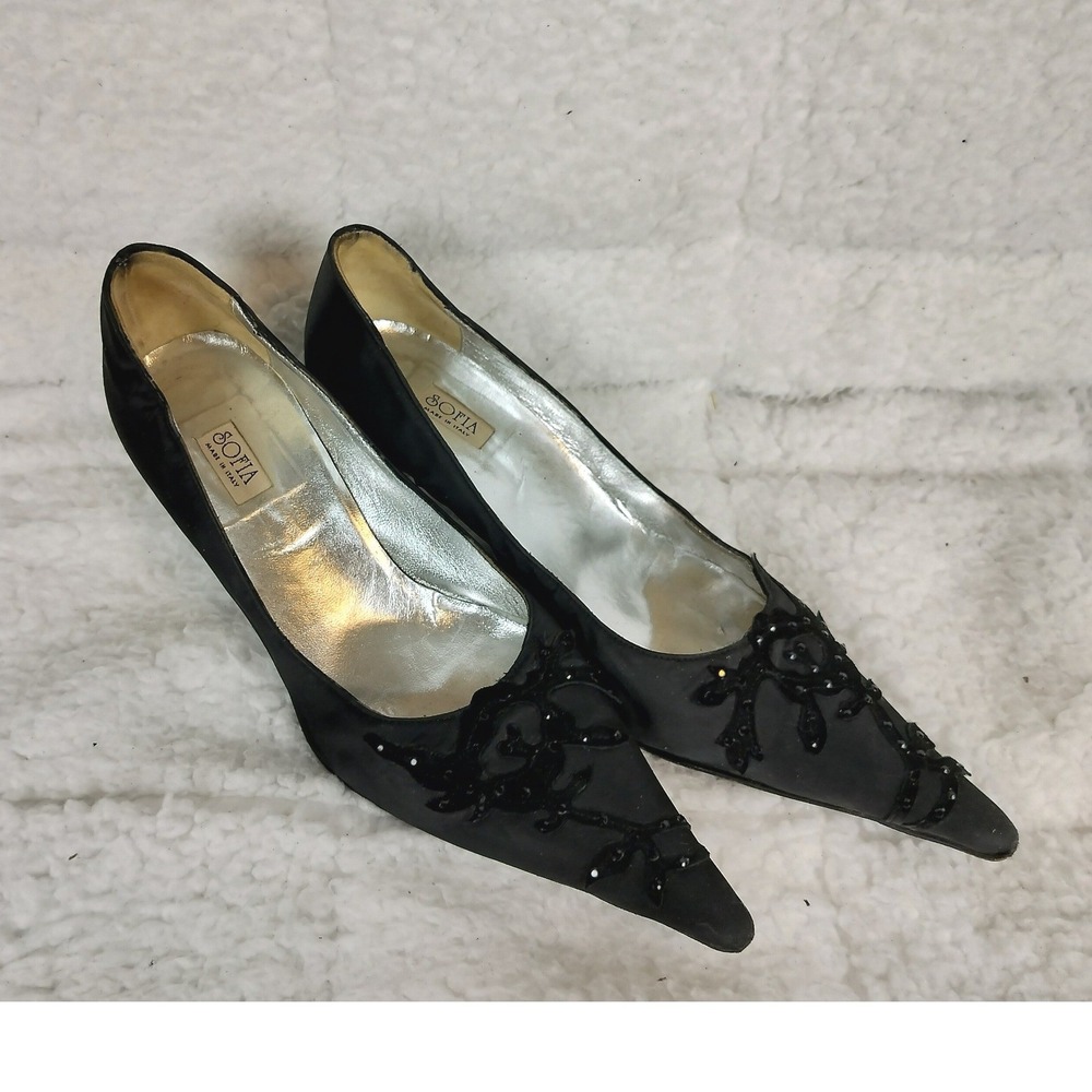 Vintage Sofia Satin Beaded Pointed Toe Pumps Black Italian Kitten Heels‎